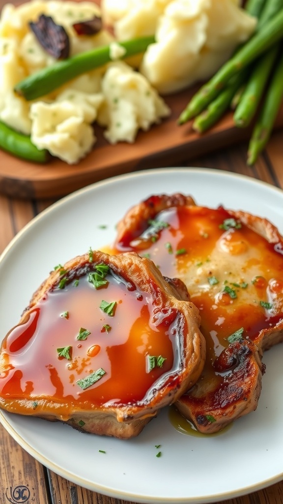 Air Fryer Honey Glazed Pork Chops Air fryer honey glazed pork chops served with vegetables and mashed potatoes on a rustic table.